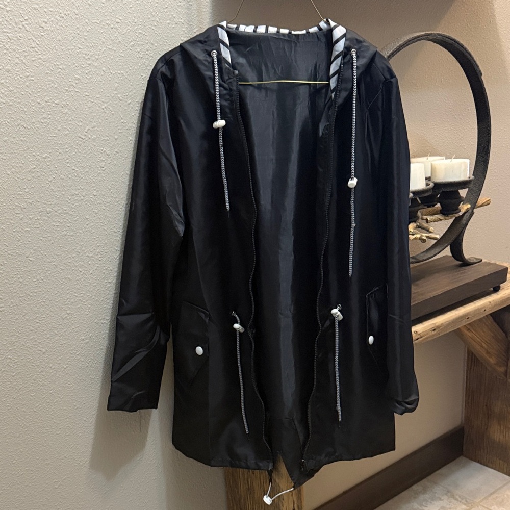 Black Hooded Jacket with Striped Lining